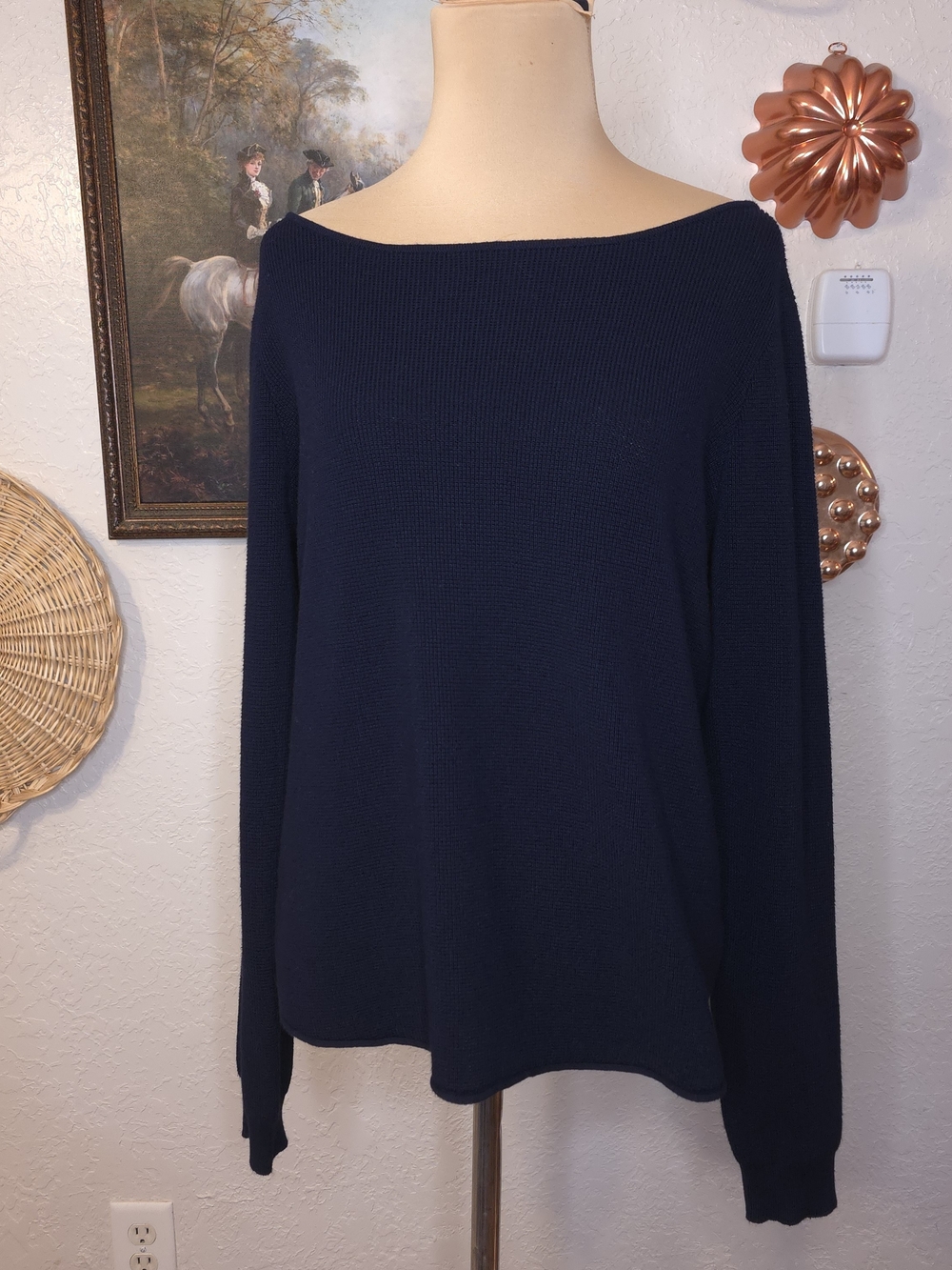 Cyrus Navy Blue Oversized Boat Neck Sweater Medium Soft Knit Old Money Preppy